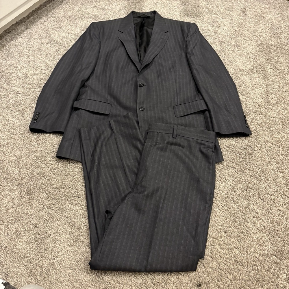 Jos A Bank Men Charcoal Striped Wool Silk Suit Jacket Blazer 42R and Pants 36x29